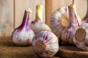 Fresh garlic on a wooden background. Fragrant spice for cooking.