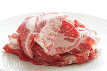 Freshness Japanese marble beef slices on white plate with copy space