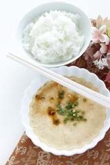 Chinese food, steamed mince  egg and rice  with soy sauce 