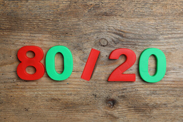 Colorful numbers 80 and 20 on wooden background, flat lay. Pareto principle concept