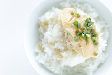 Chinese food, steamed mince  egg and rice  with soy sauce 
