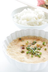 Chinese food, steamed mince  egg and rice  with soy sauce 
