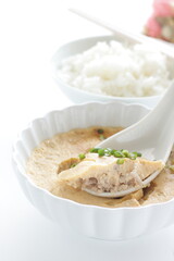 Chinese food, steamed mince  egg and rice  with soy sauce 