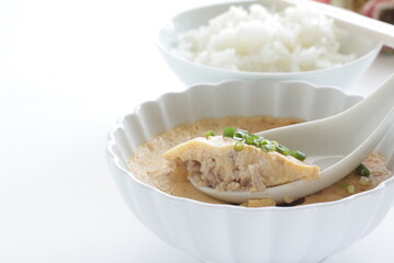 Chinese food, steamed mince  egg and rice  with soy sauce 