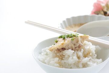 Chinese food, steamed mince  egg and rice  with soy sauce 