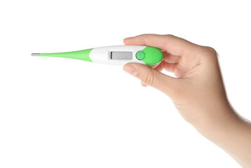 Woman holding digital thermometer on white background, closeup