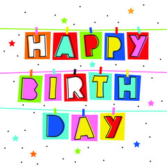  colorful happy birthday hanging text with circle and star confetti