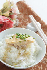 Chinese food, steamed mince  egg and rice  with soy sauce 