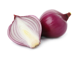 Fresh cut and whole red onion bulbs isolated on white