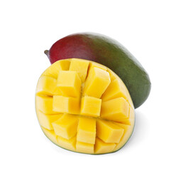 Cut and whole ripe mangoes isolated on white