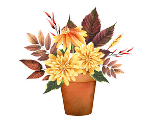 Watercolor hand painted floral composition with a clay pot, leaves rowan, grape, yellow flower chrysanthemum. Fall season clipart for design home decor, card, menu, blogs, graphic projects