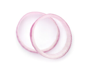 Raw red onion rings isolated on white, top view