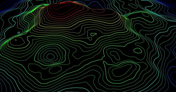 Looping topographic visualization of mountain: gradient tinted contour line display. 