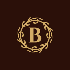 Initial Letter B Luxury Logo with Leaf Floral Border Carved Frame
