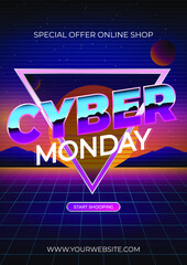 Cyber Monday, online shopping and marketing concept. Vector illustration. Planets on a Neon Background