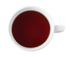 Fresh black tea in cup isolated on white, top view
