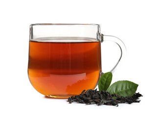 Tasty black tea with fresh and dry leaves on white background