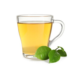 Tasty green tea and fresh leaves on white background