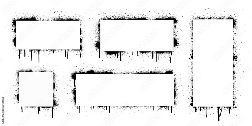 Poster Spray black grunge with frame.  Dirty artistic design elements, boxes with spray graffiti and frame for text. Black dirty mockups graffiti with spray effect, exploding, black drops. Vector collection