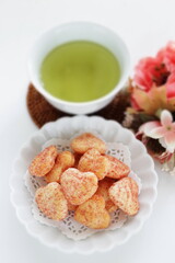 Japanese food, heart shaped rice cracker on dish for wagashi