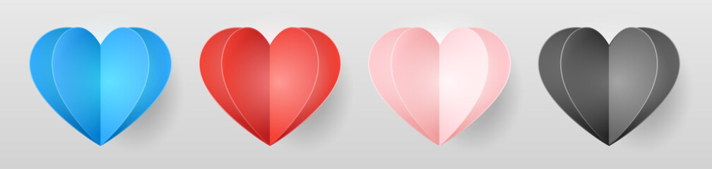 Set of 3d paper hearts for Holidays, Birthday, Happy Mother's, Women's, Father's, Valentine's Day or Wedding. Blue, red, pink and black paper elements in the shape of a heart.