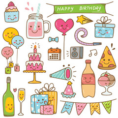 Birthday doodle in kawaii style vector illustration