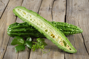 fresh Balsam pear  on wooden background