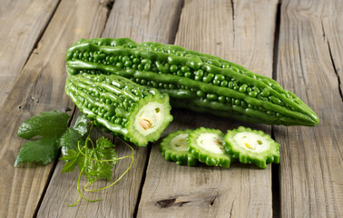 fresh Balsam pear  on wooden background
