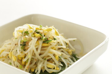 Korean food, boiled soy bean sprout and seasoning, green onion mixed Namul side dish