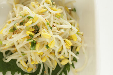 Korean food, boiled soy bean sprout and seasoning, green onion mixed Namul side dish