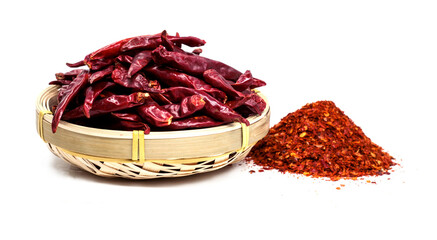 Red hot chilies with powder over white background.