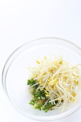 Korean cooking, boiled soy bean sprout and seasoning, green onion
