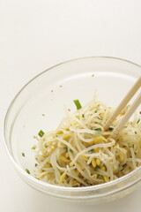 Korean cooking, boiled soy bean sprout and seasoning, green onion