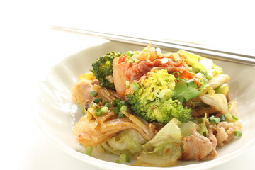 Korean food, broccoli and kimchi stir fried with cabbage and pork
