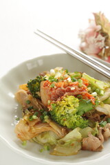 Korean food, broccoli and kimchi stir fried with cabbage and pork