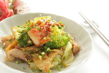 Korean food, broccoli and kimchi stir fried with cabbage and pork
