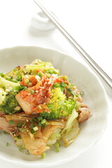 Korean food, broccoli and kimchi stir fried with cabbage and pork