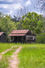Disused wooden homestead surrounded by grazing field and dramatic stormy sky in Kroombit Tops National Park, Queensland
