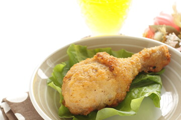 fried chicken on lettuce with copy space