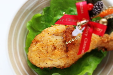 Fried chicken and Christmas decoration for seasonal holiday food