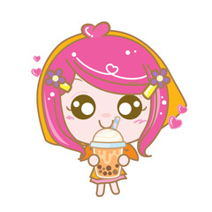 Character Cartoon love Boba Bubble Milk Tea, Pearl milk tea, Yummy drinks, Taiwan milk tea, Boba Bubble Milk Tea, Cute Sticker, Vector Illustration