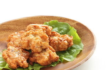 Chinese food, fish cake on lettuce with copy space