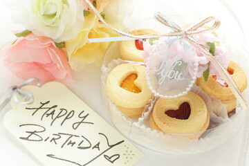 Homemade heart shaped jam  cookie and birthday card