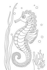 Cute seahorse coloring book page for kids. Cartoon cute marine wild animals, sea elements. illustration. Black and white hand drawn doodle for coloring book. Ocean animal