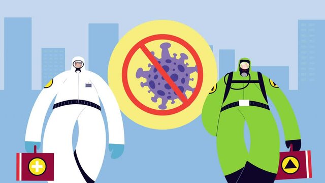 industrial workers wearing bio safety suits for covid19 protection on the city