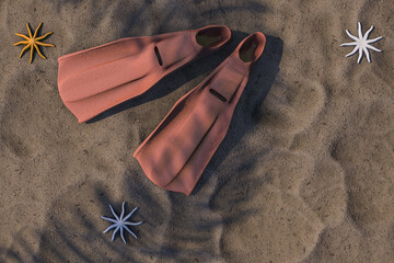 3d rendering of summer concept. Orange rubber flippers and sea stars isolated on sand background with sunlight and shadow of coconut leaves. Minimal design art. Copy space.