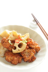 Lotus root and fish cake stir fired for asian food