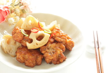 Lotus root and fish cake stir fired for asian food