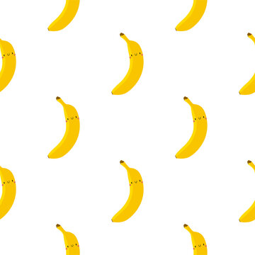 Kawaii Cartoon Banana. Seamless Vector Pattern