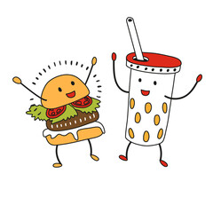 Dancing funny burger and a milkshake with a straw.